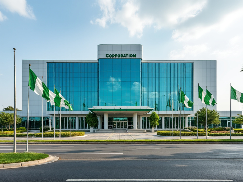 A Nigerian business building entrance, with Nigeria flags mounted on the way leading to the entrance